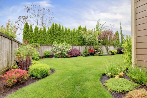 Fenced,Backyard.,View,Of,Lawn,And,Blooming,Flower,Beds