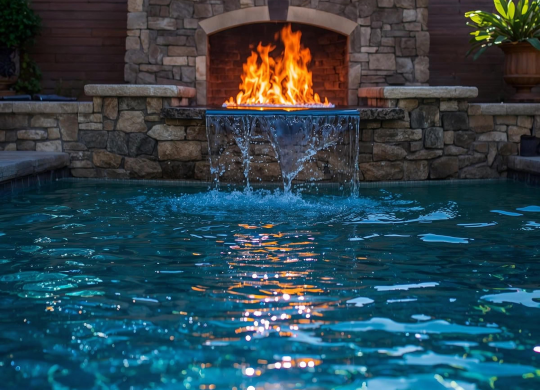 Backyard hardscape design Atlanta GA featuring outdoor kitchens and fireplaces Atlanta alongside custom pool